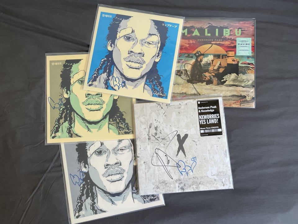 5 signed vinyl records; Knxwledge's Meek Remixes parts 1 through 6, NxWorries' "Yes Lawd!", and Anderson .Paak's "Malibu"