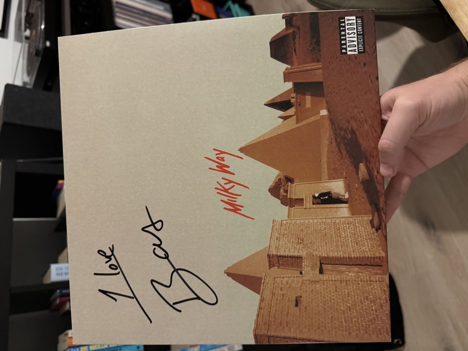 Vinyl sleeve of the album 'Milky Way' by Bas, signed '1 Love' by Bas himself