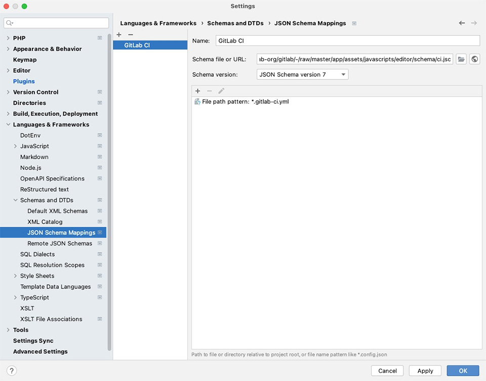 PhpStorm's settings dialog showing the "JSON Schema Mappings" settings pane