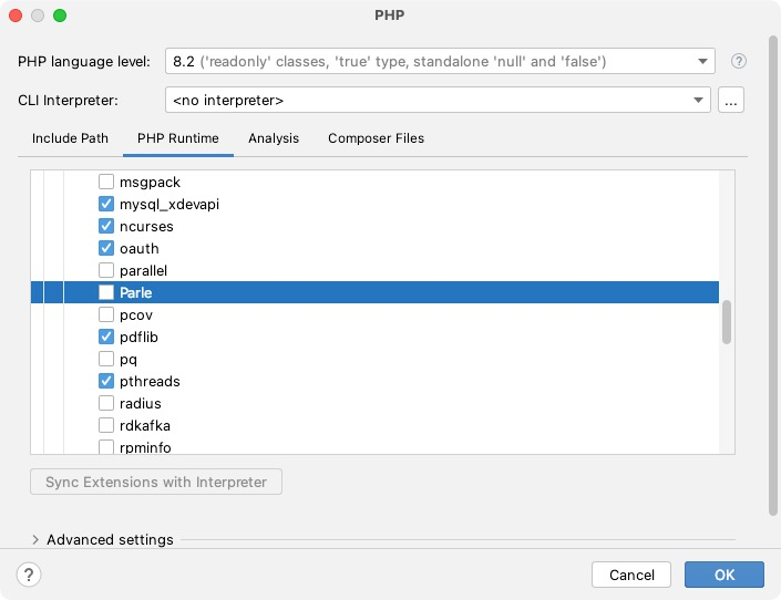 Enabling PHP extensions in PHP's interpreter in PhpStorm